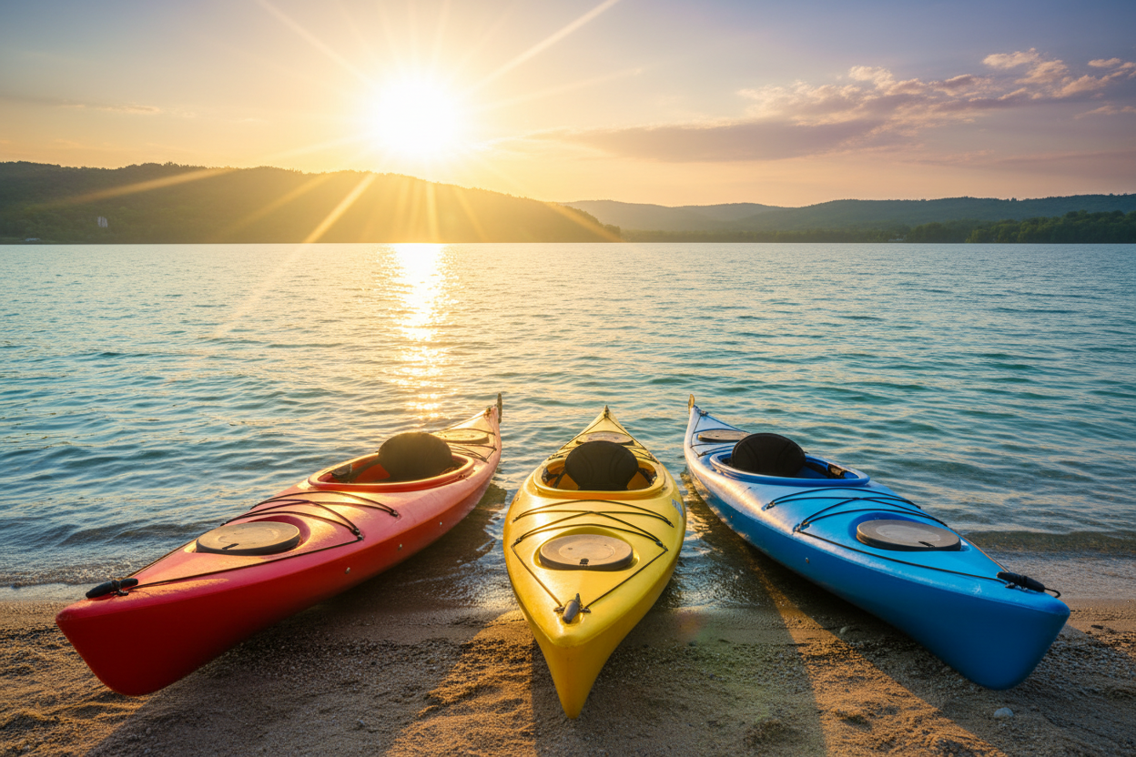 image with 3 kayaks and sunshine on the background